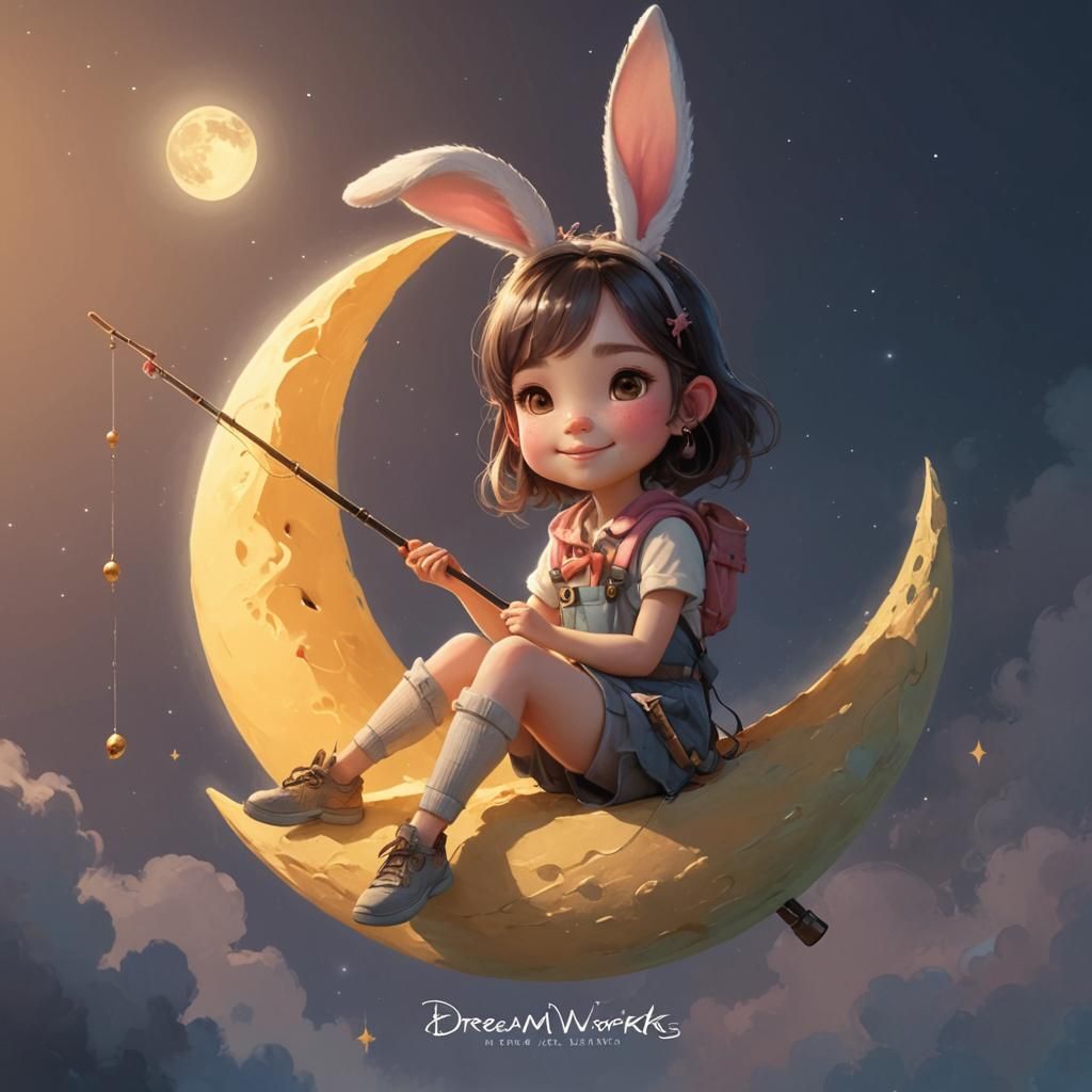 Dreamlike Girl on Moon with Bunny Ears