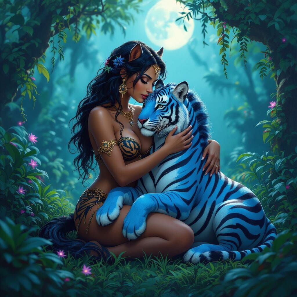 Fantasy Centaur and Blue Tiger Embrace in Moonlit Jungle