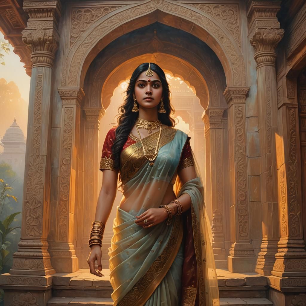 Glowing Hindu Goddess in Ancient Temple at Dawn