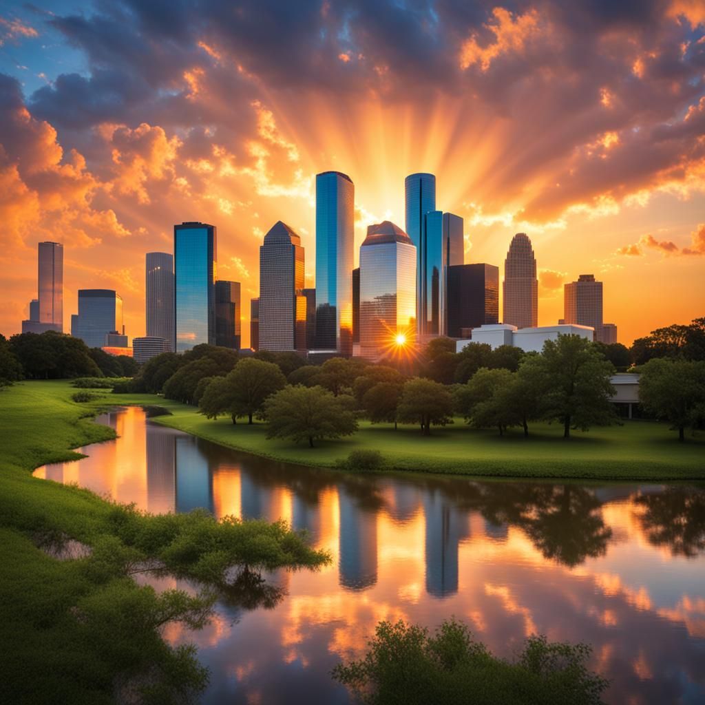 Houston Skyline Sunset with Heavenly Light Beams