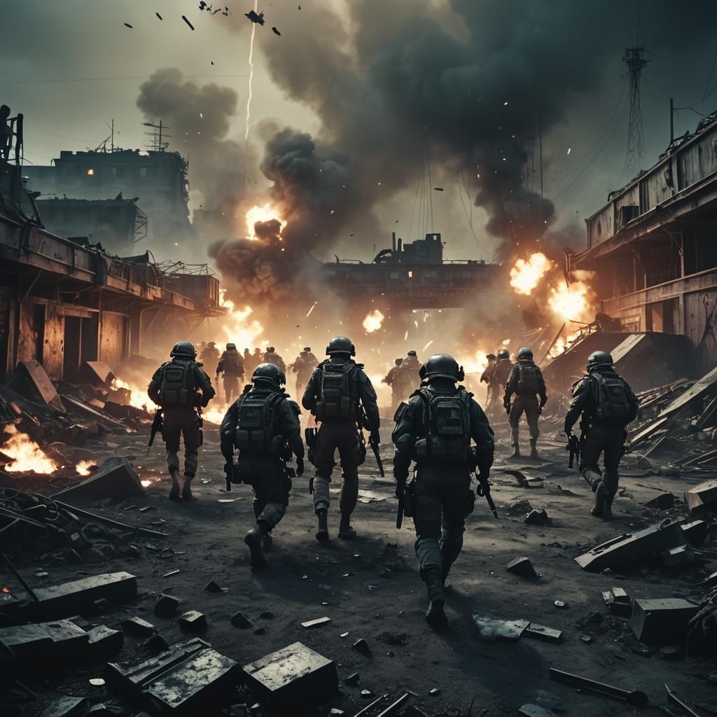 Futuristic Soldiers Invading Enemy Base in War Zone