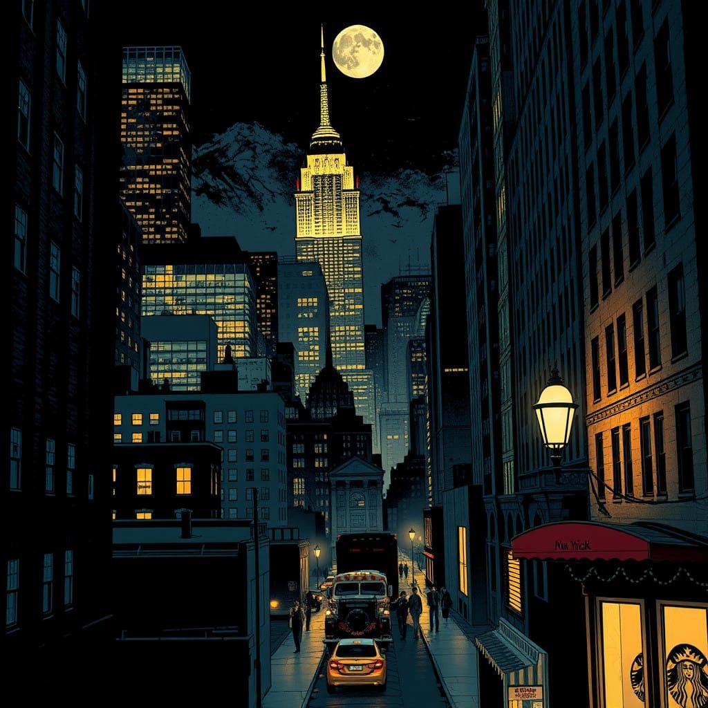 Gritty New York City at Night in a Vintage Comic Book Style