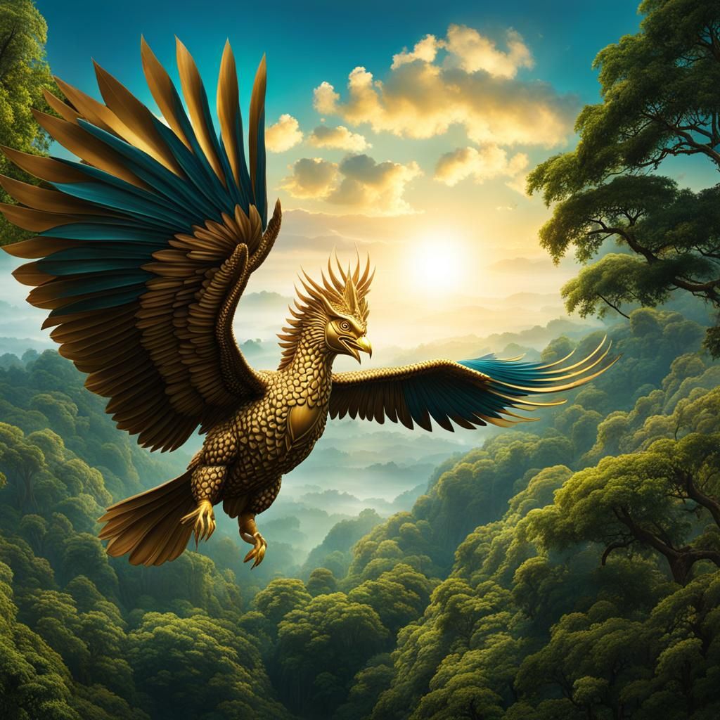 Golden Garuda Bird Balloon in Flight: Fantasy Art