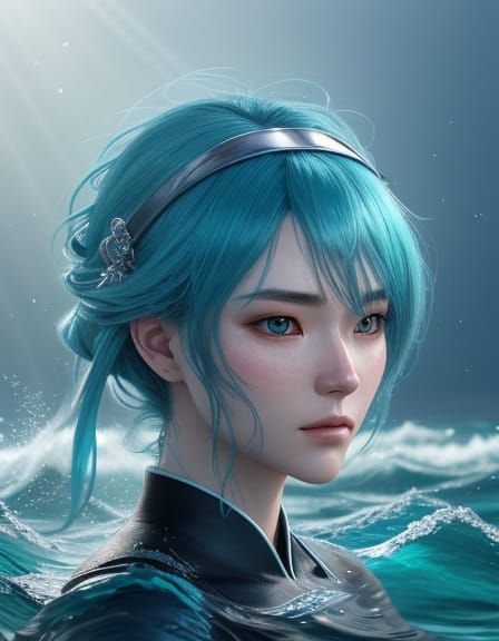 Hyper-Realistic Anime Maiden with Ocean Blue Hair and Dragon...