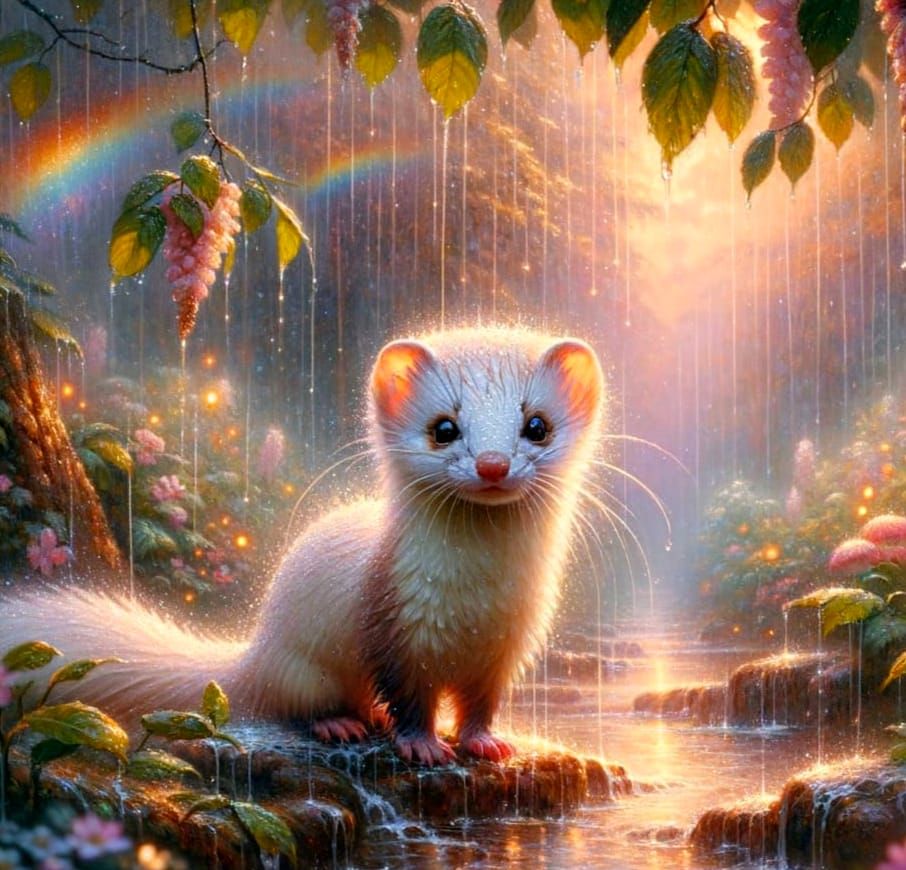 Rainy Forest Weasel in Watercolour Oil Painting