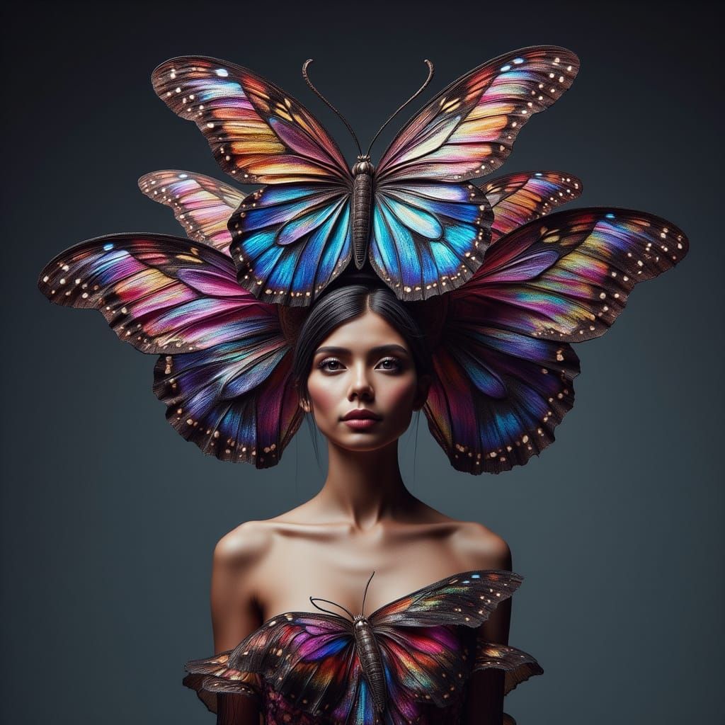 Avant-Garde Model with Iridescent Butterfly Wing Hat