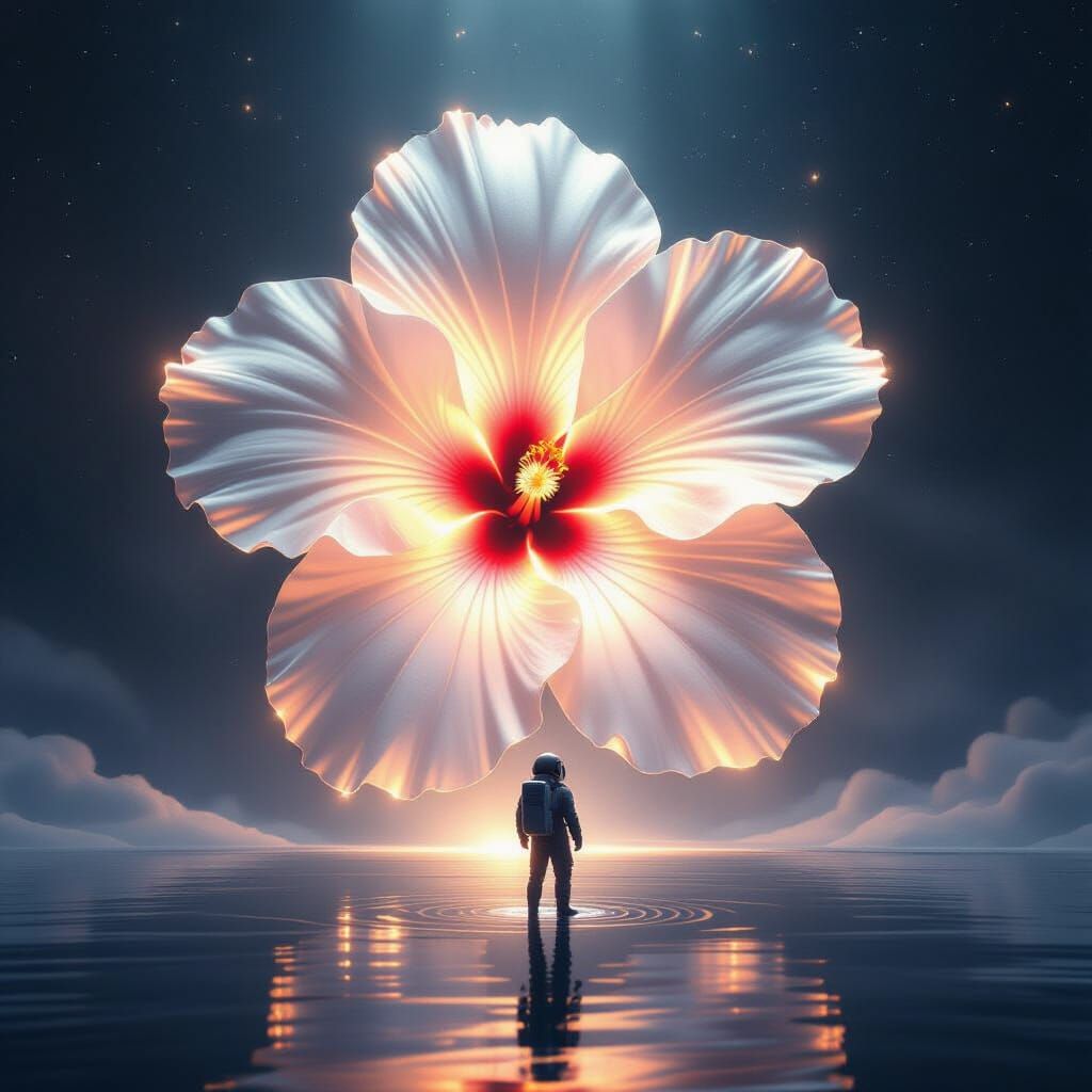 Astronaut Tethered to Cosmic Hibiscus Sculpture