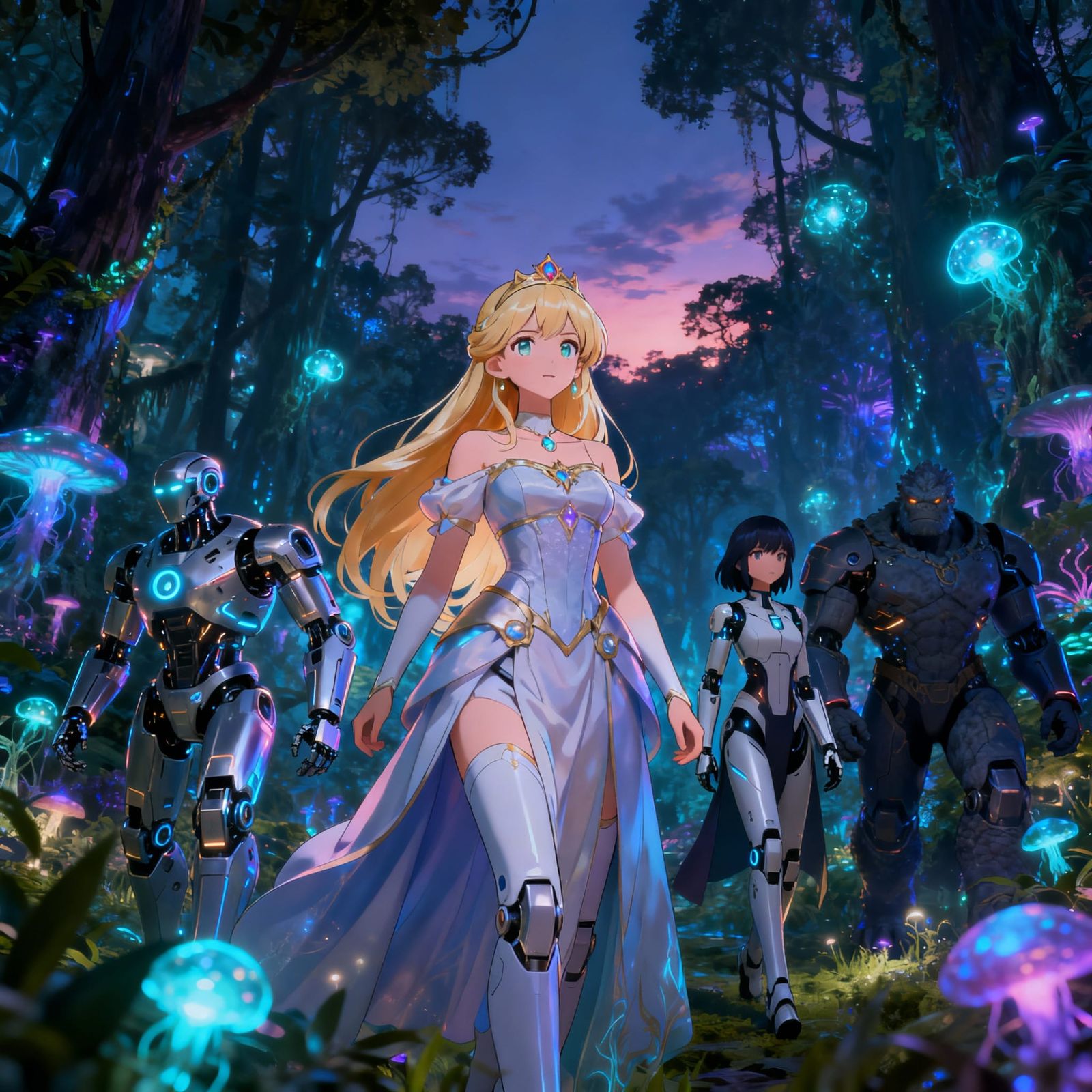 Princess Aurora and Cyborgs in Bioluminescent Forest
