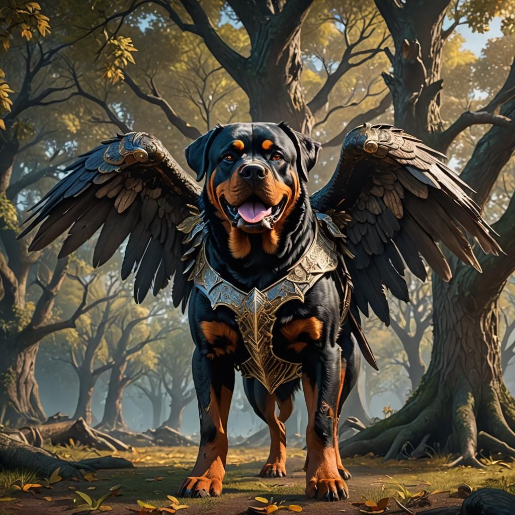 Armored Winged Rottweiler: Detailed Matte Painting
