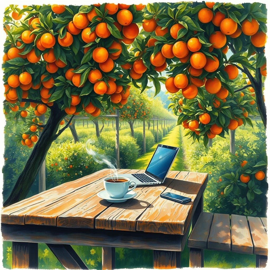 Vibrant Coffee Table in Lush Orange Farm Landscape, Gouache....