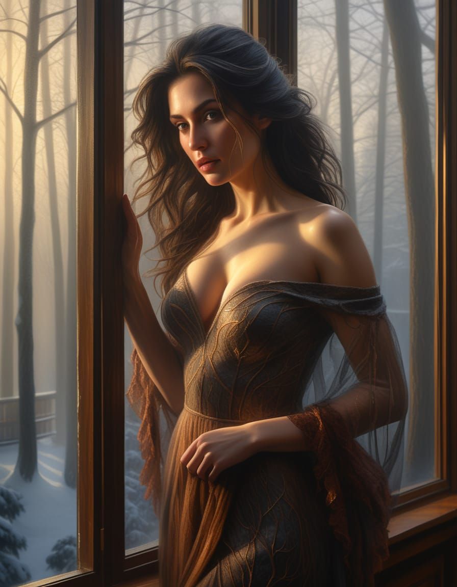 Ethereal Chiaroscuro Oil Painting: Woman in Library Window