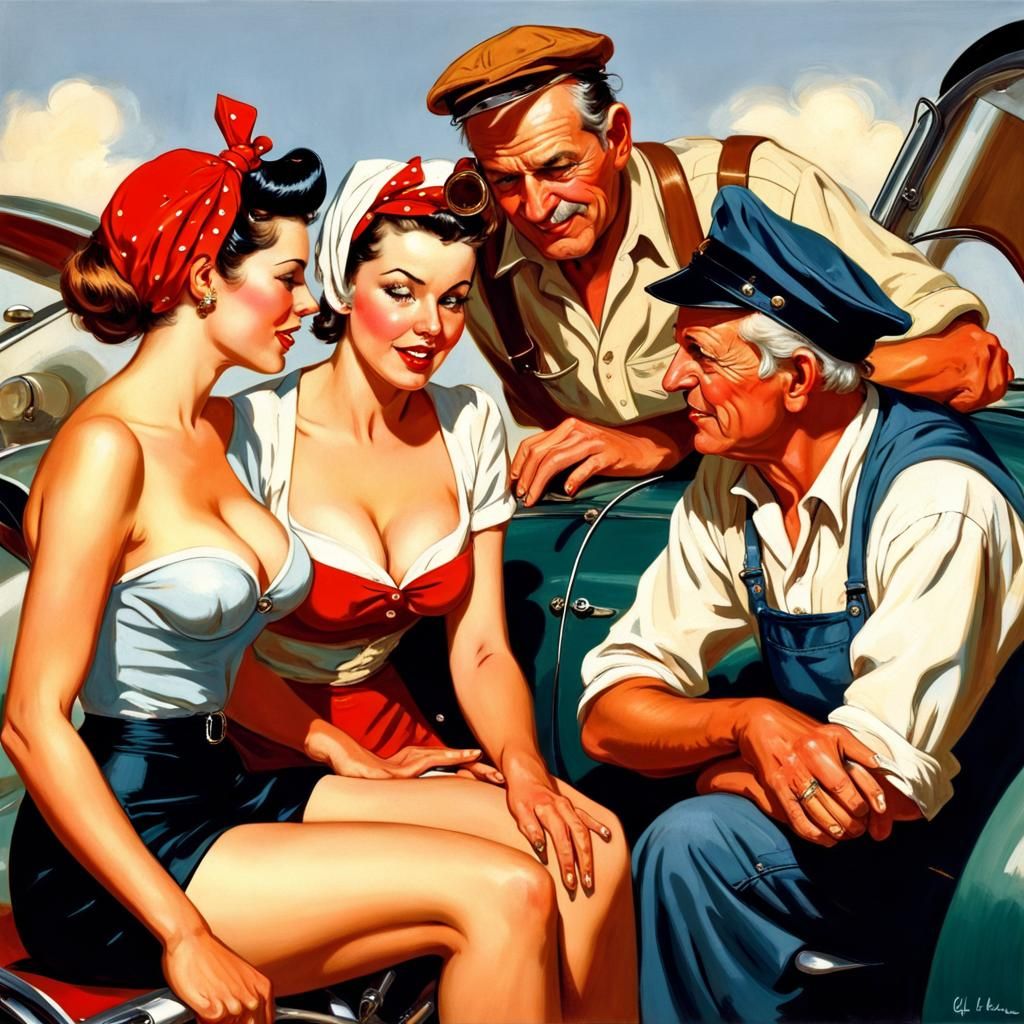 Woman Discusses Roadster with Mechanic, Pin-Up Style