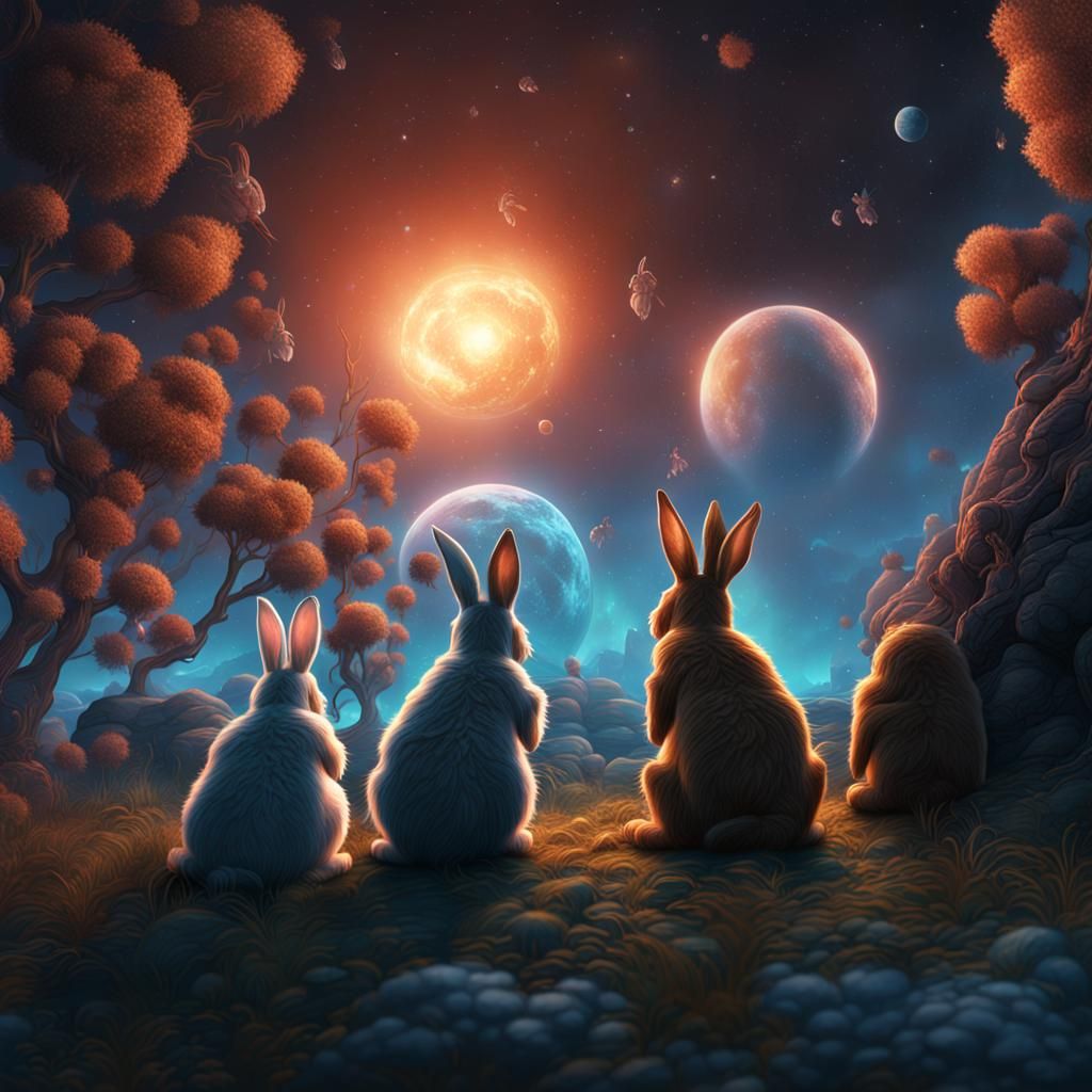 Bunnies Watch Comets: Detailed Fantasy Art