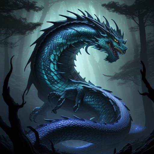 Ethereal Dragon Entwines Glowing Tree in Moonlit Forest