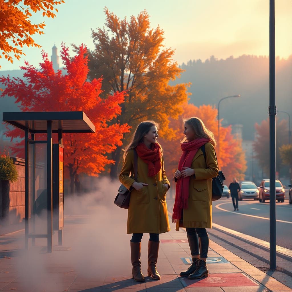 Italian Women at Bus Stop in Autumn