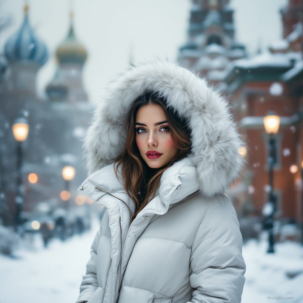 Woman in White Puffer Jacket, Moscow Winter