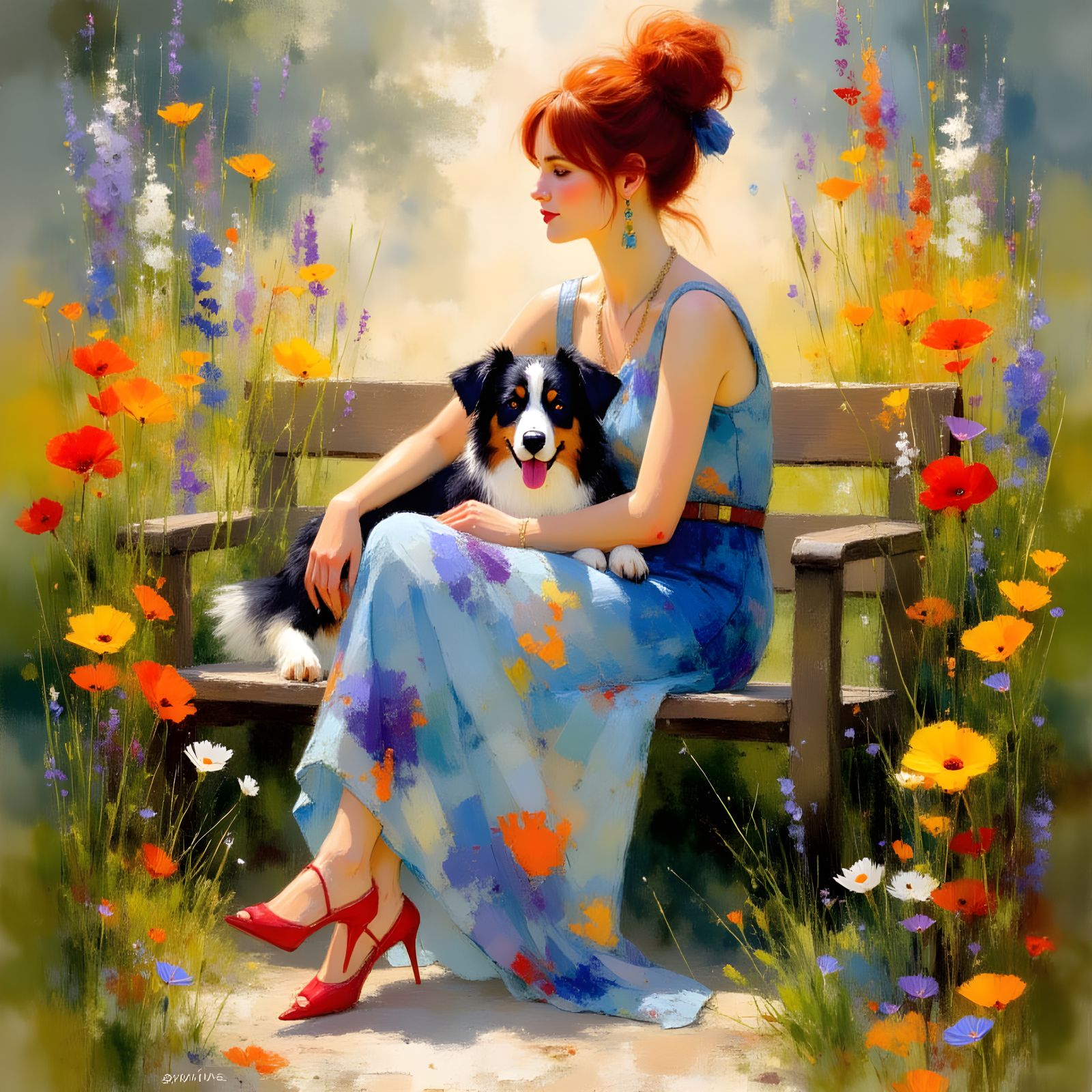 Woman and Australian Shepherd Relaxing on Park Bench Among F...