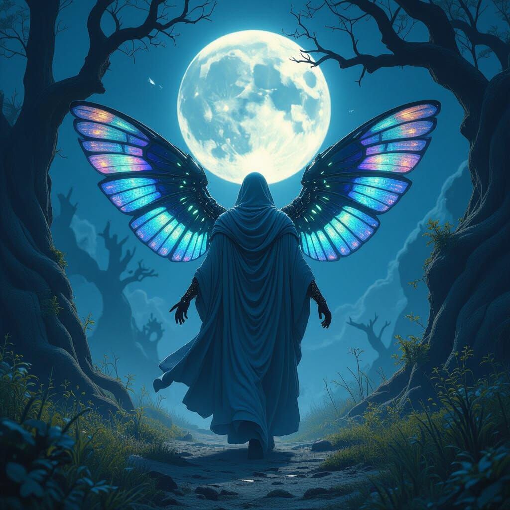 Winged Deity Striding Through Mystical Vale