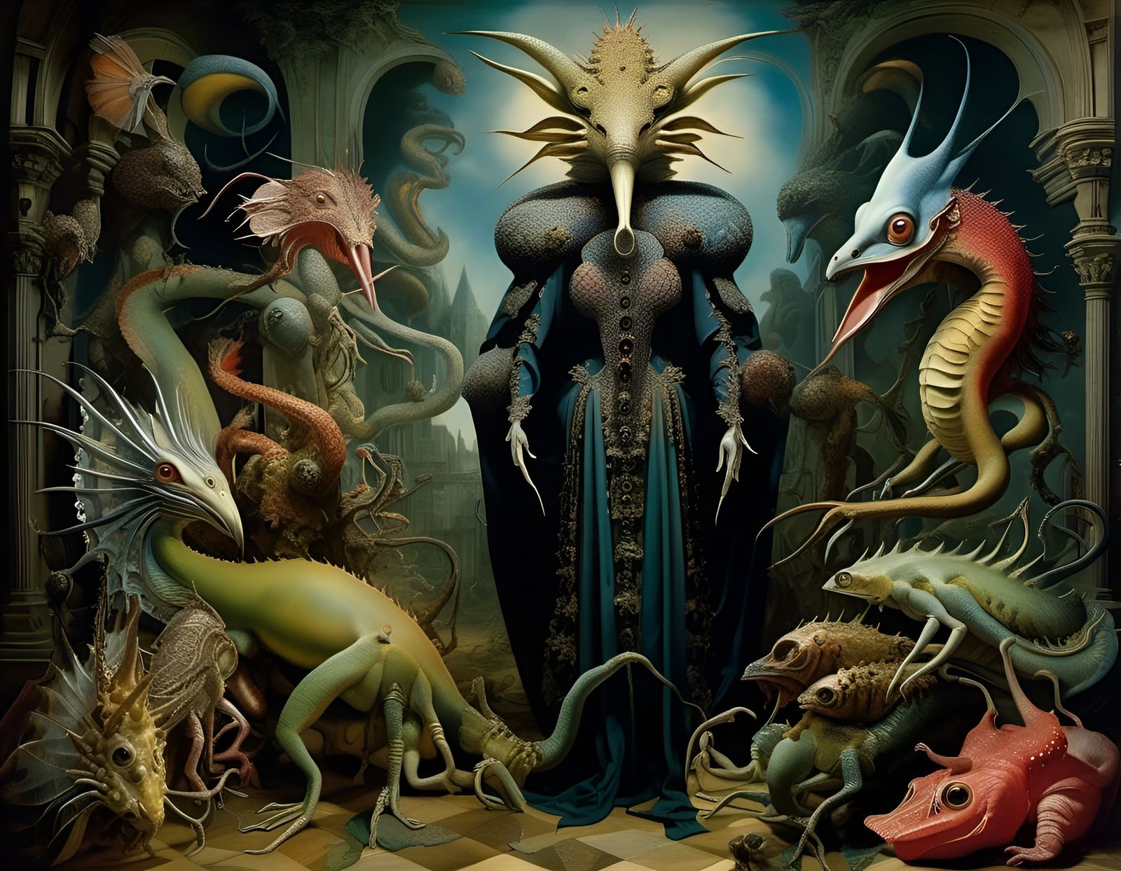 Multi-Headed Hydra in Surreal Post-Apocalyptic Museum