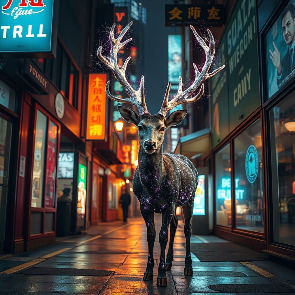 Mystical Starlight Deer in Cyberpunk Alley