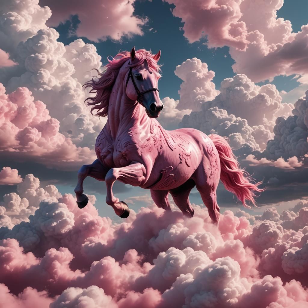 Pink Horse on Fluffy Clouds: Detailed Matte Painting