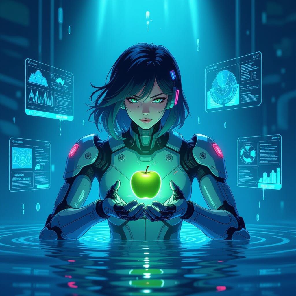 Futuristic Cyborg with Holograms and Glowing Apple