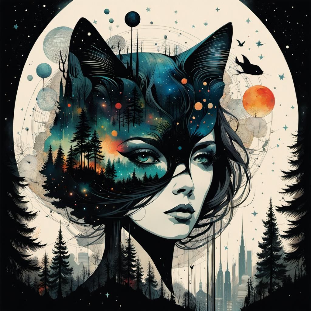 Double Exposure of a cat woman