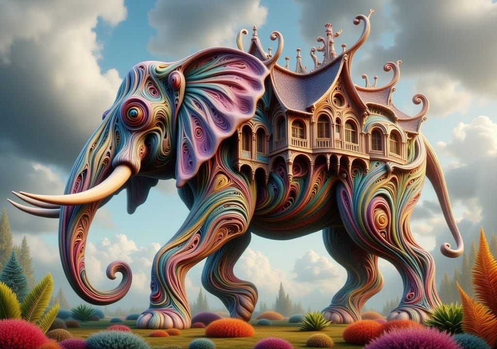 Elephant with Surreal Architecture in Tim Burton Style
