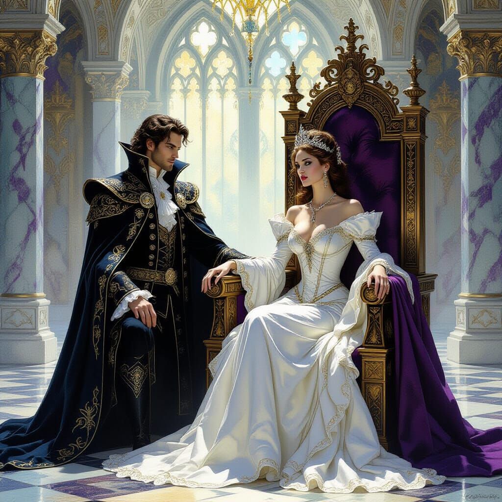 Woman Ensnared by Prince in Ornate Throne Room