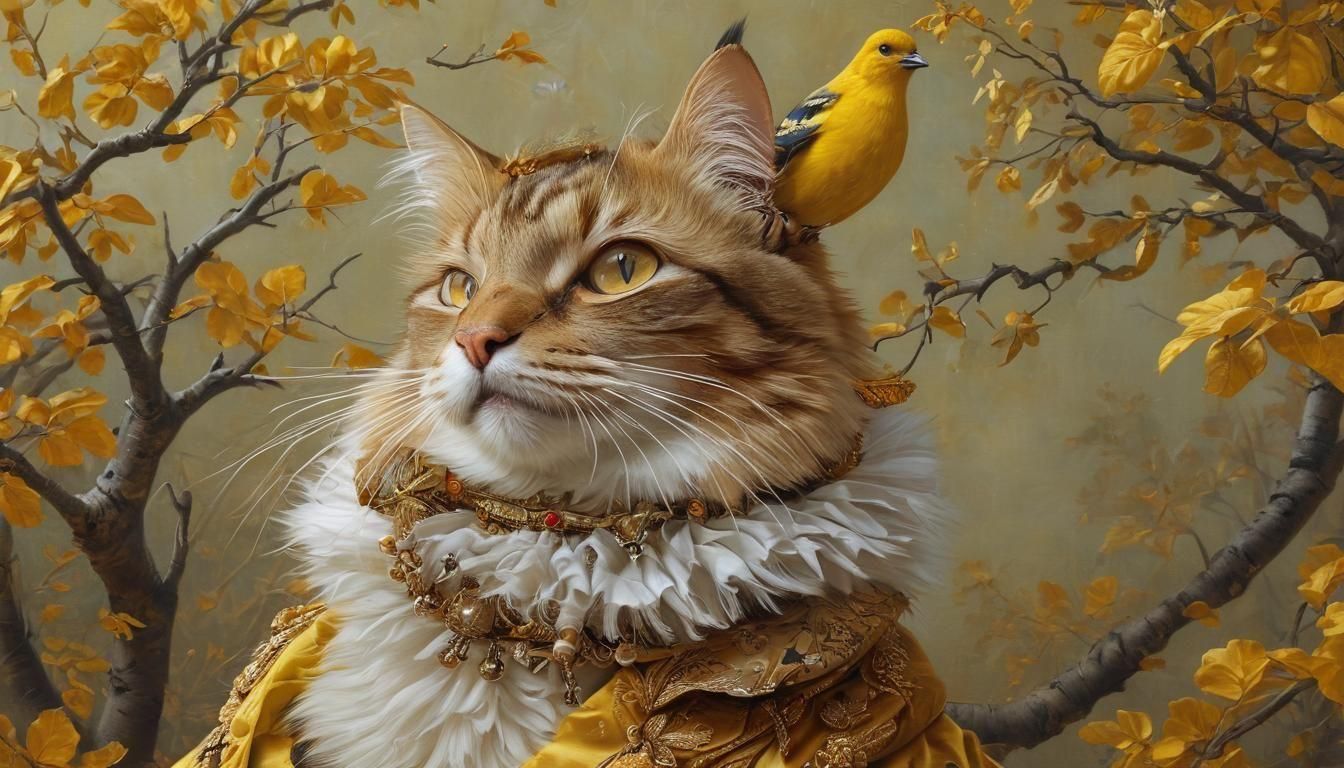 Regal Cat in Period Costume Eating a Bird