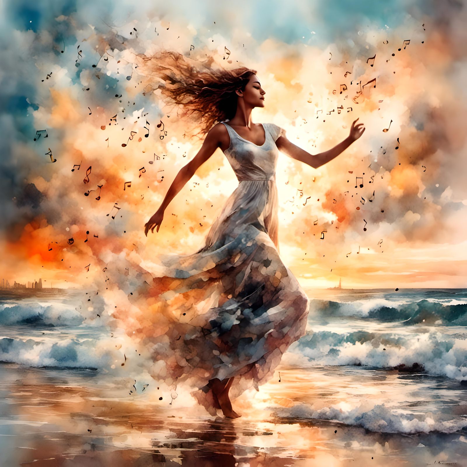Radiant Woman Dancing in Double Exposure Watercolor Art