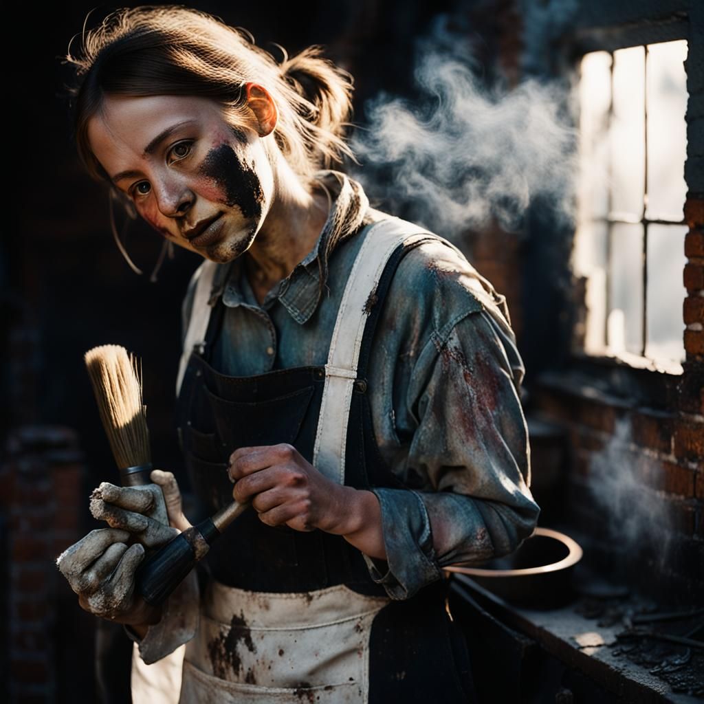 Soot-Stained Girl with Chimney Brush: Hyperrealistic Film St...