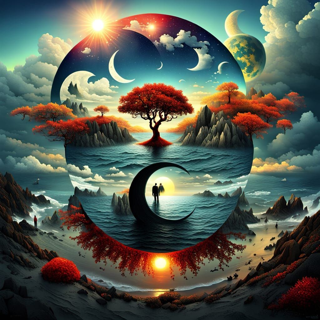 Surreal Yin Yang Sun Moon at Sunset