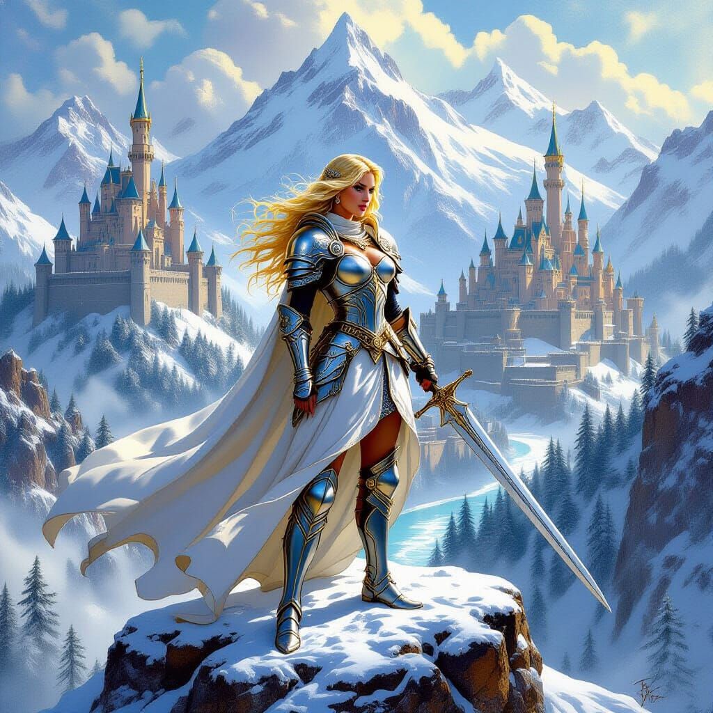 Fantasy Princess on Snow Mountain in Classic Art Style