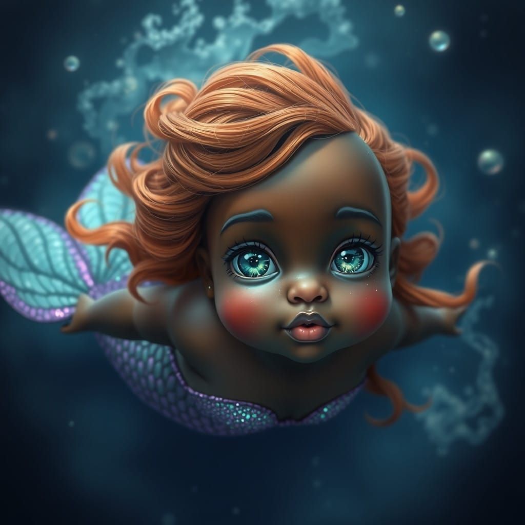 Surreal Mermaid Infant Swims in Midnight Blue Ocean