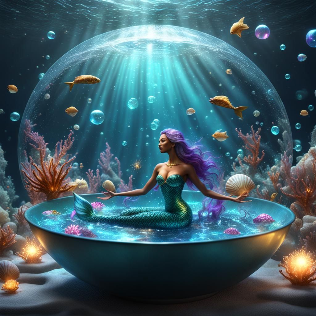 Surreal Mermaid Meditating in Magical Bowl