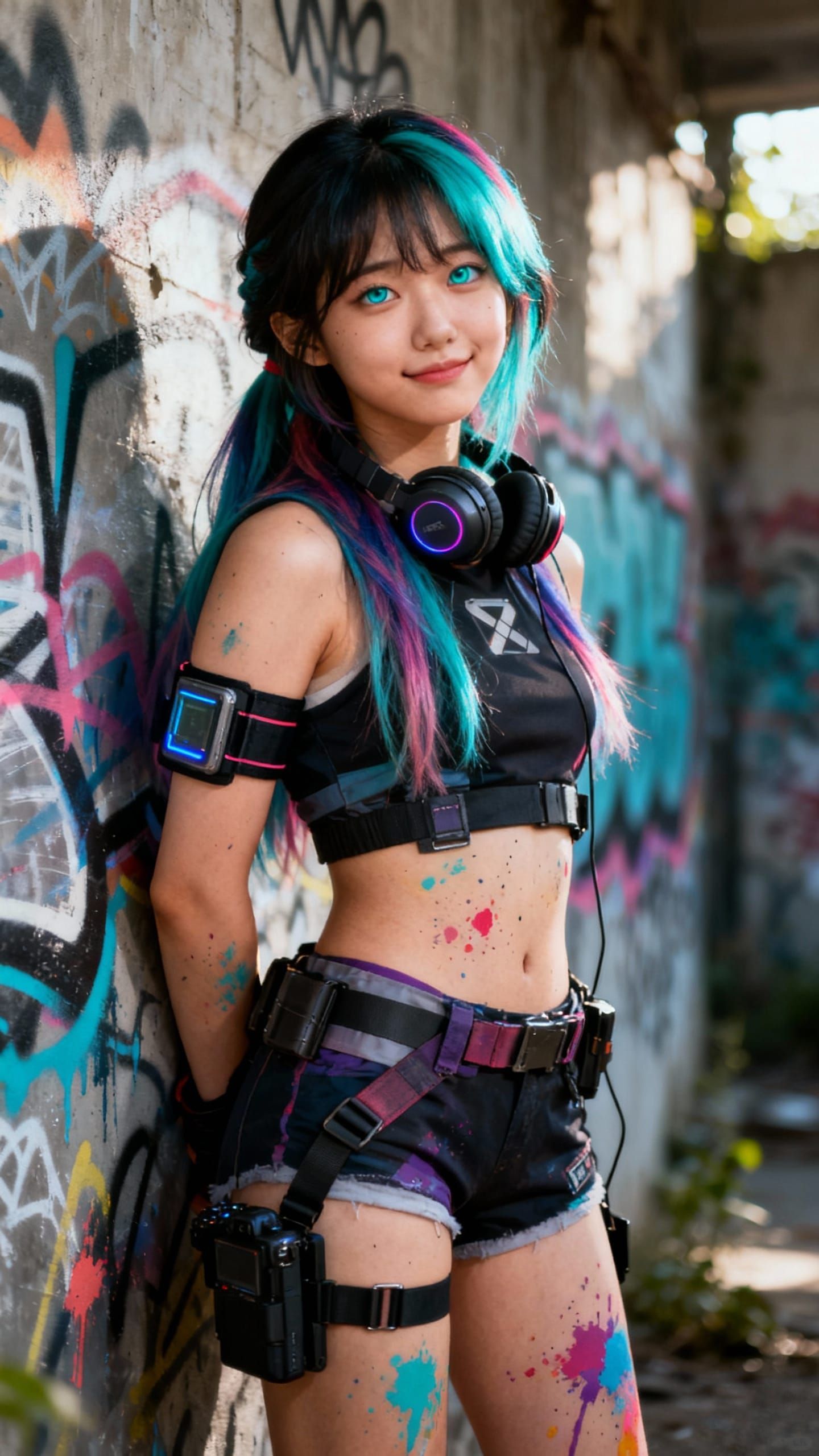 Hyperdetailed Korean Model in Techwear Against Graffiti Wall