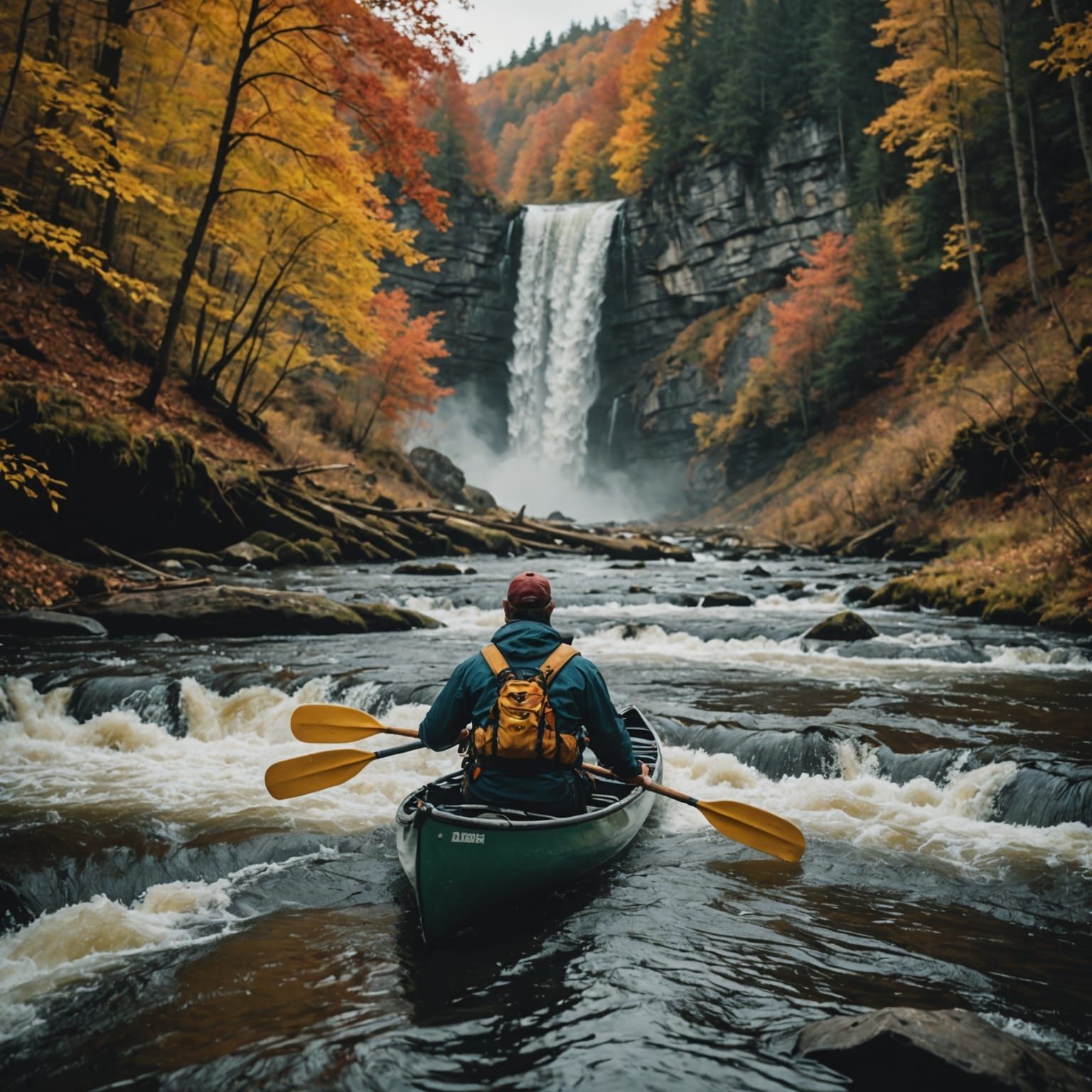 Dramatic Autumn Waterfall Scene with Canoeist