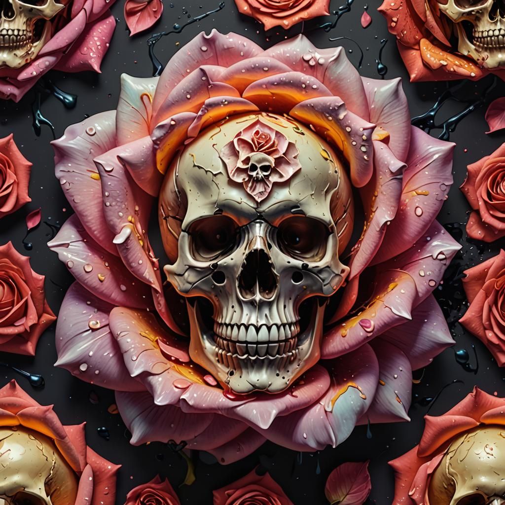 Hyperrealistic Rose with Skull Petals Splash Art