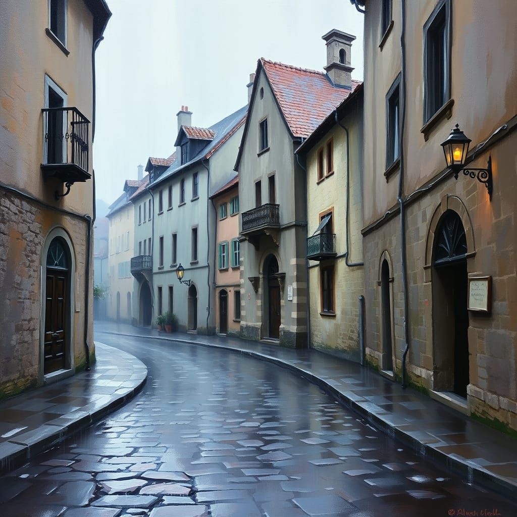 Medieval European Town Street in Rainy Mist, Oil on Canvas