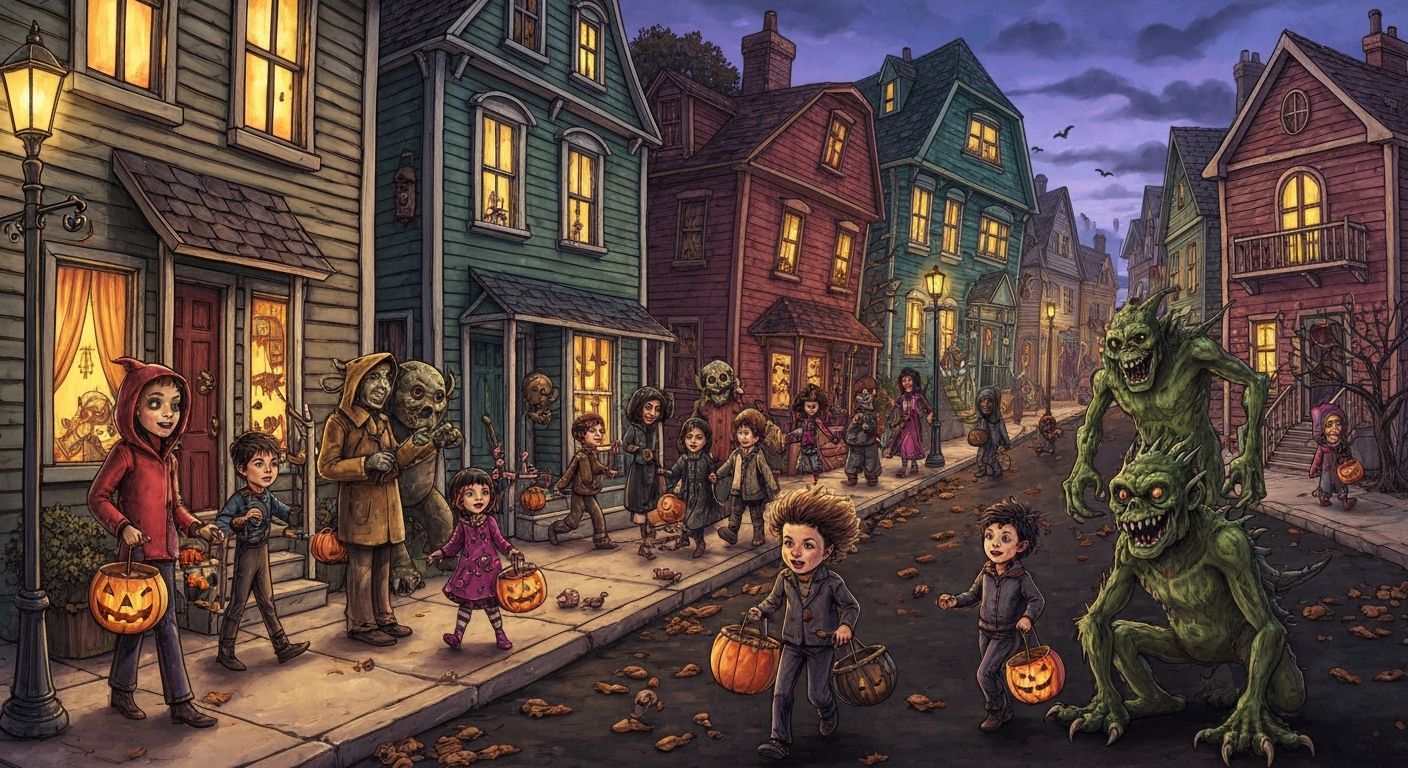 Halloween Street Scene with Costumed Characters and Monsters