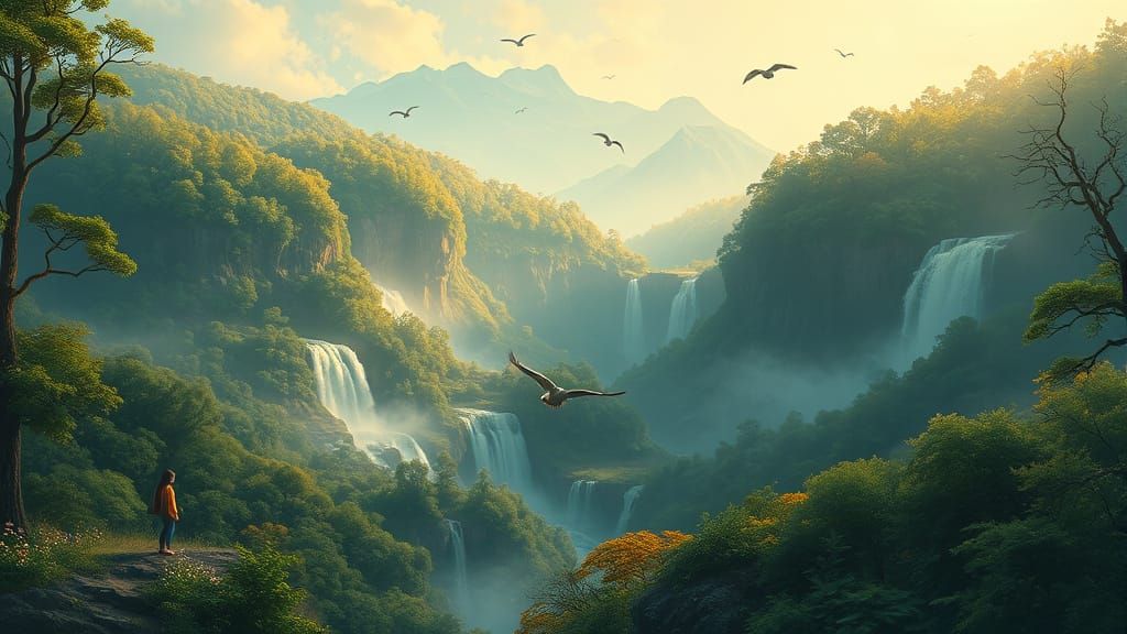 Lush Forest Landscape with Waterfalls and Soft Lighting