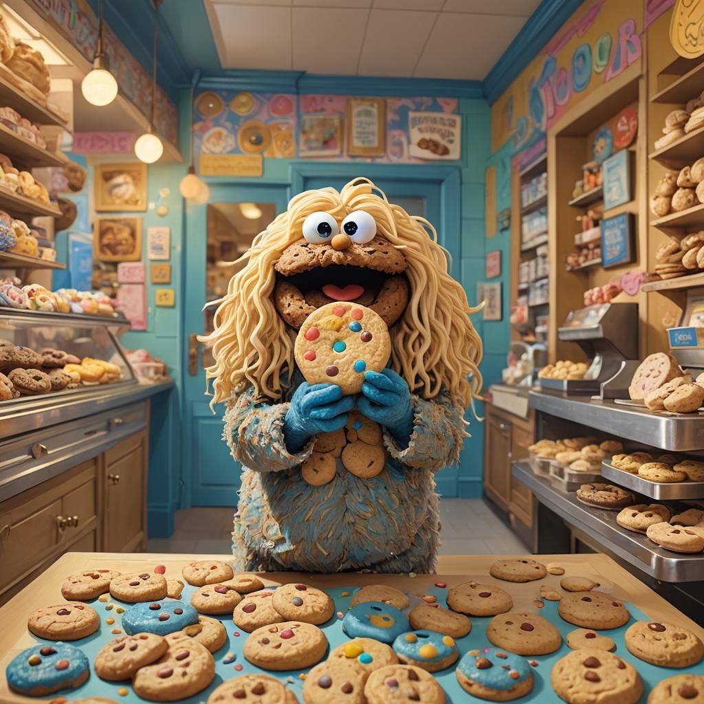 Cookie Monster in a Colorful Bakery Masterpiece