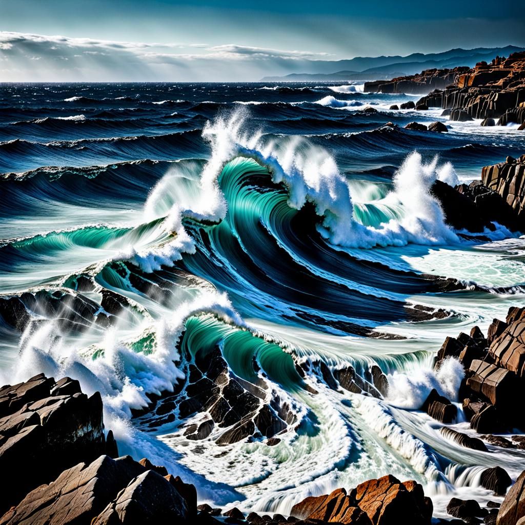 Ocean Waves Crashing: Hyperrealistic Shoreline Scene