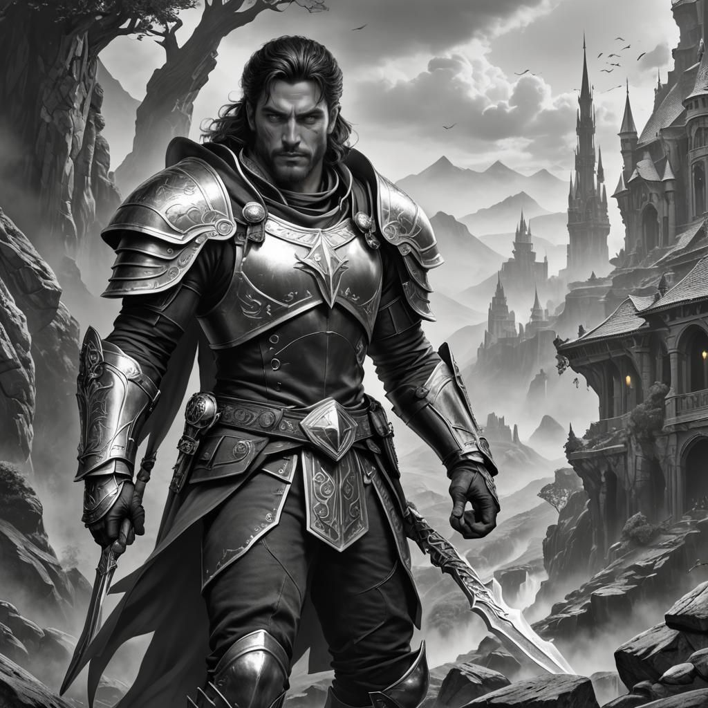 Monochrome Fantasy Champion in Epic Charcoal Drawing