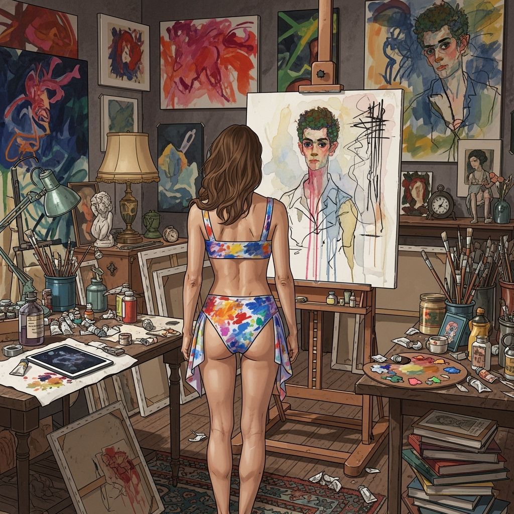 Italian Pin-Up in Eccentric Art Studio, Expressive Painting