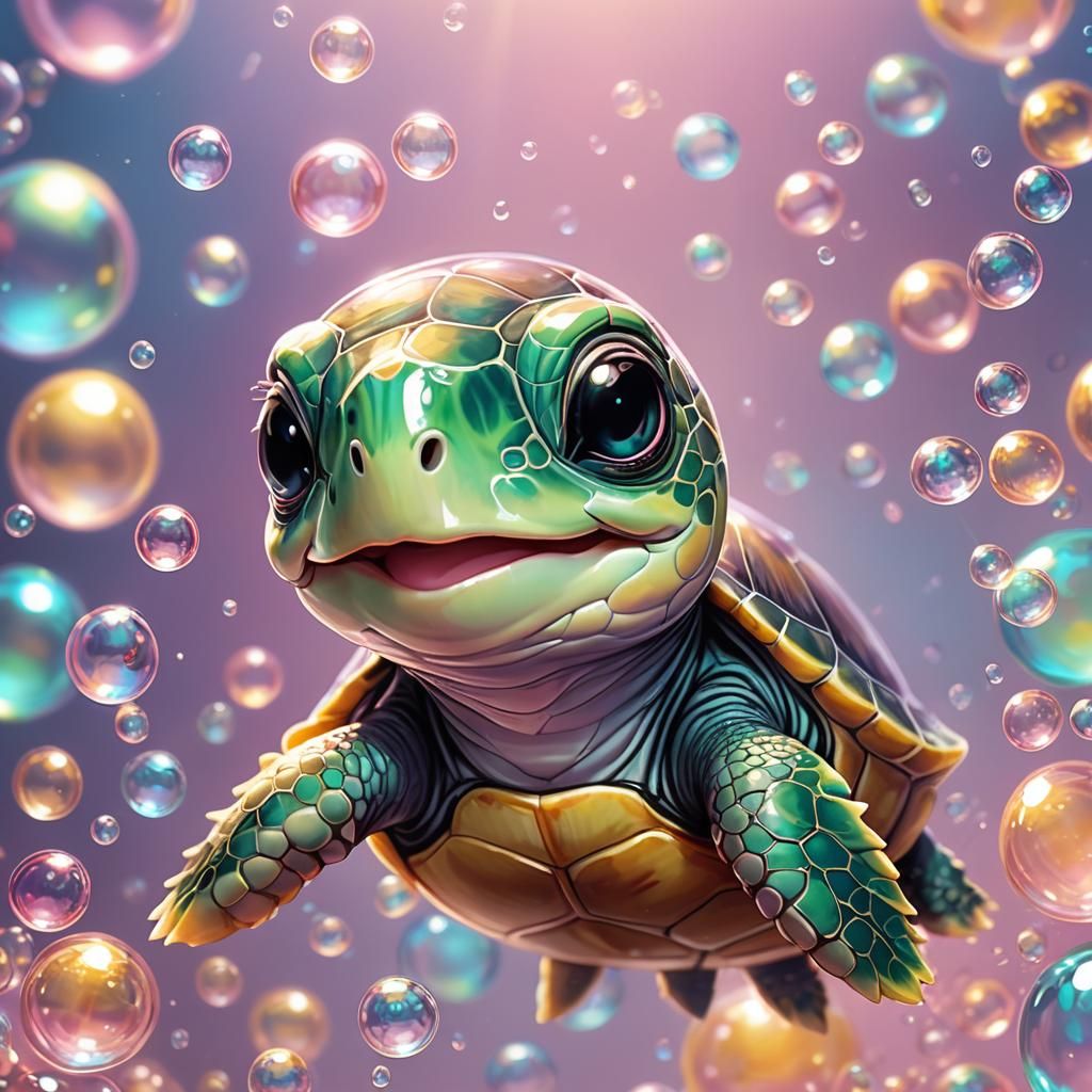 Kawaii Chibi Turtle in Bubble: Anime Portrait