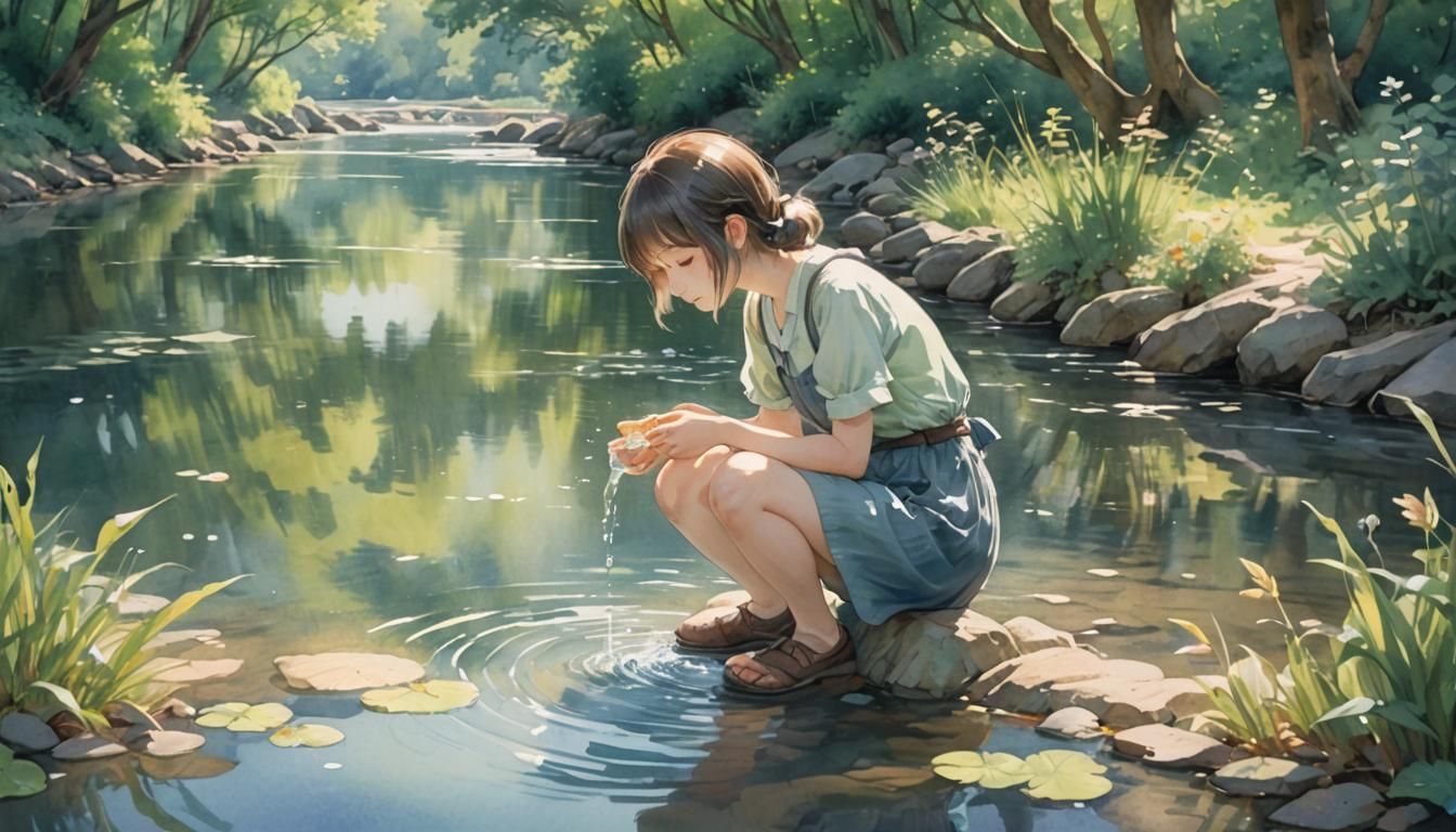 Anime Girl Drinks by River in Watercolor Style