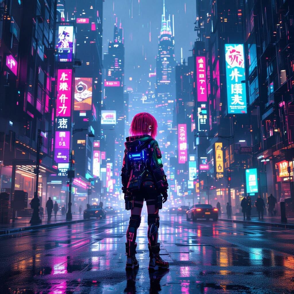 Cyberpunk Girl in Neon Dystopian City