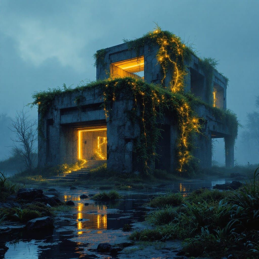 Brutalist Structure Overgrown with Neon in Photorealistic St...
